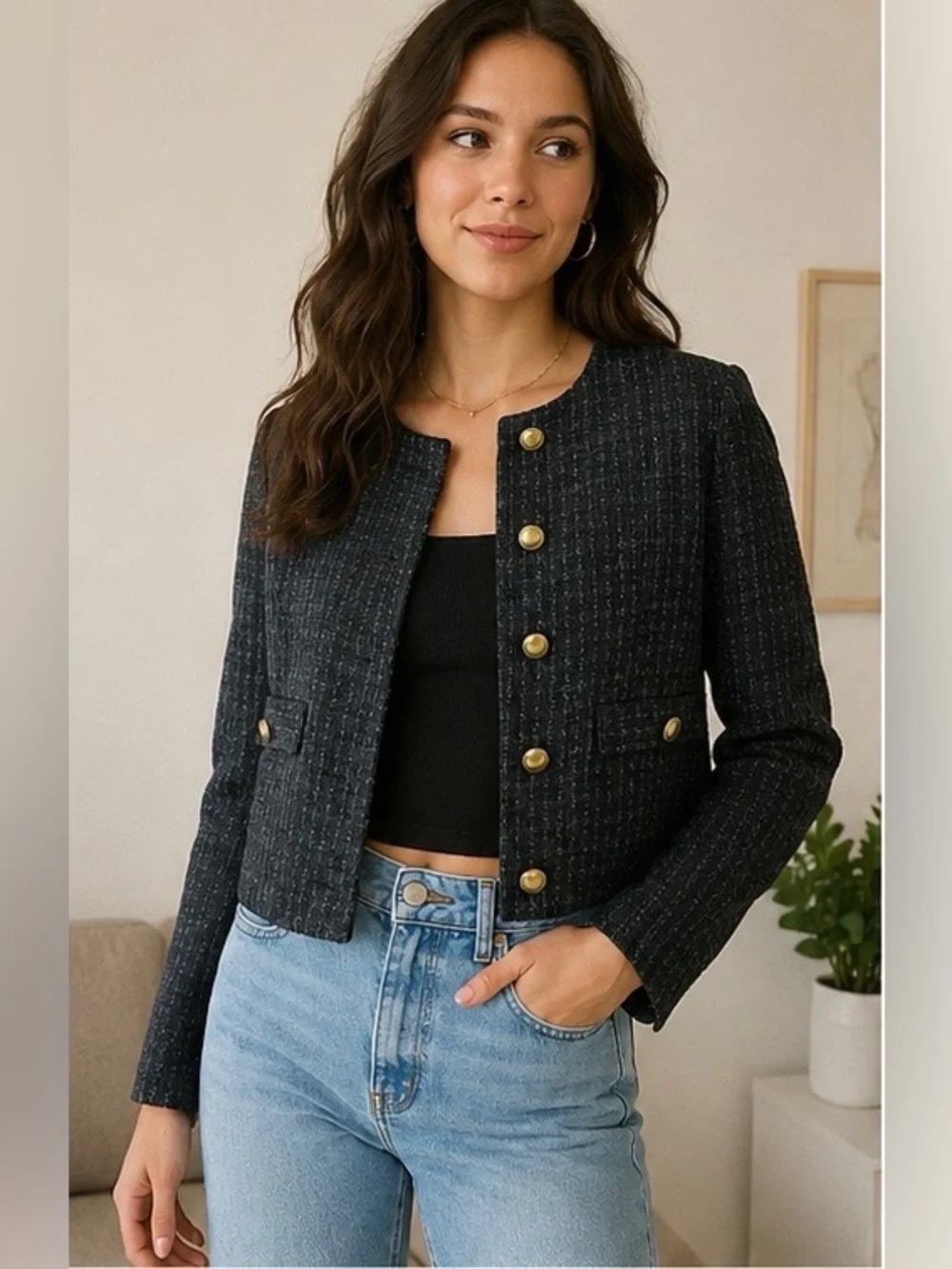 Abercrombie & Fitch Black Tweed Cropped Jacket with Gold Buttons